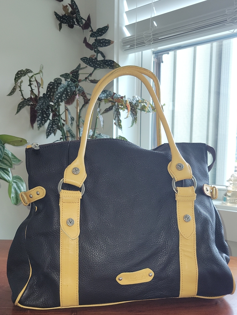 Valentina Dark Brown Genuine Leather Tote/ Satchel with Soft Yellow Trim